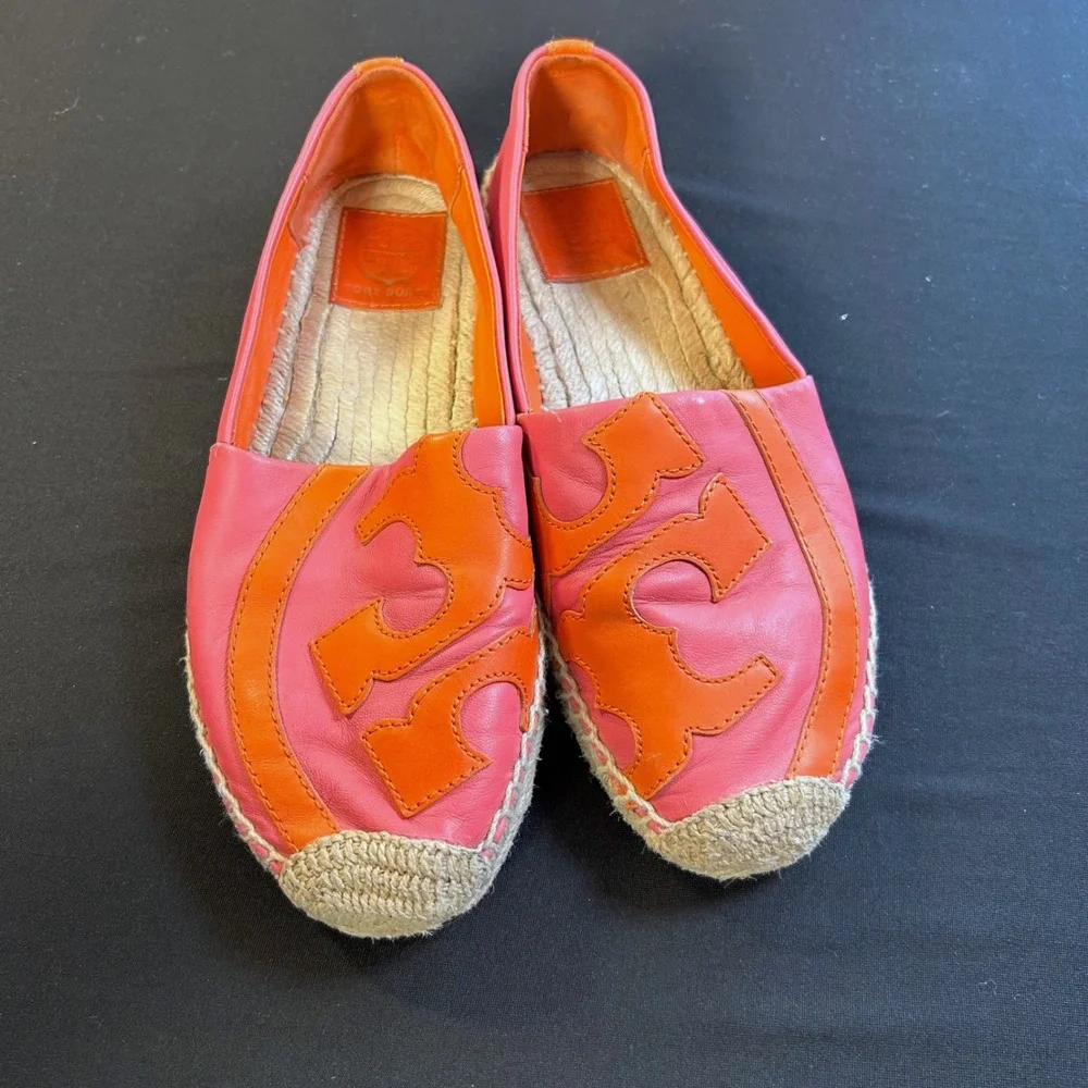 Tory Burch‎ 6.5 Shaw Pink orange Leather Medallion Logo Espadrille Jute Flats